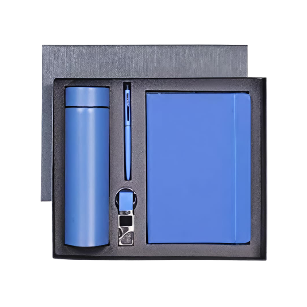 A royal blue 4-piece corporate gift set inside a dark grey presentation box, featuring a vacuum bottle, notebook, pen, and keychain.