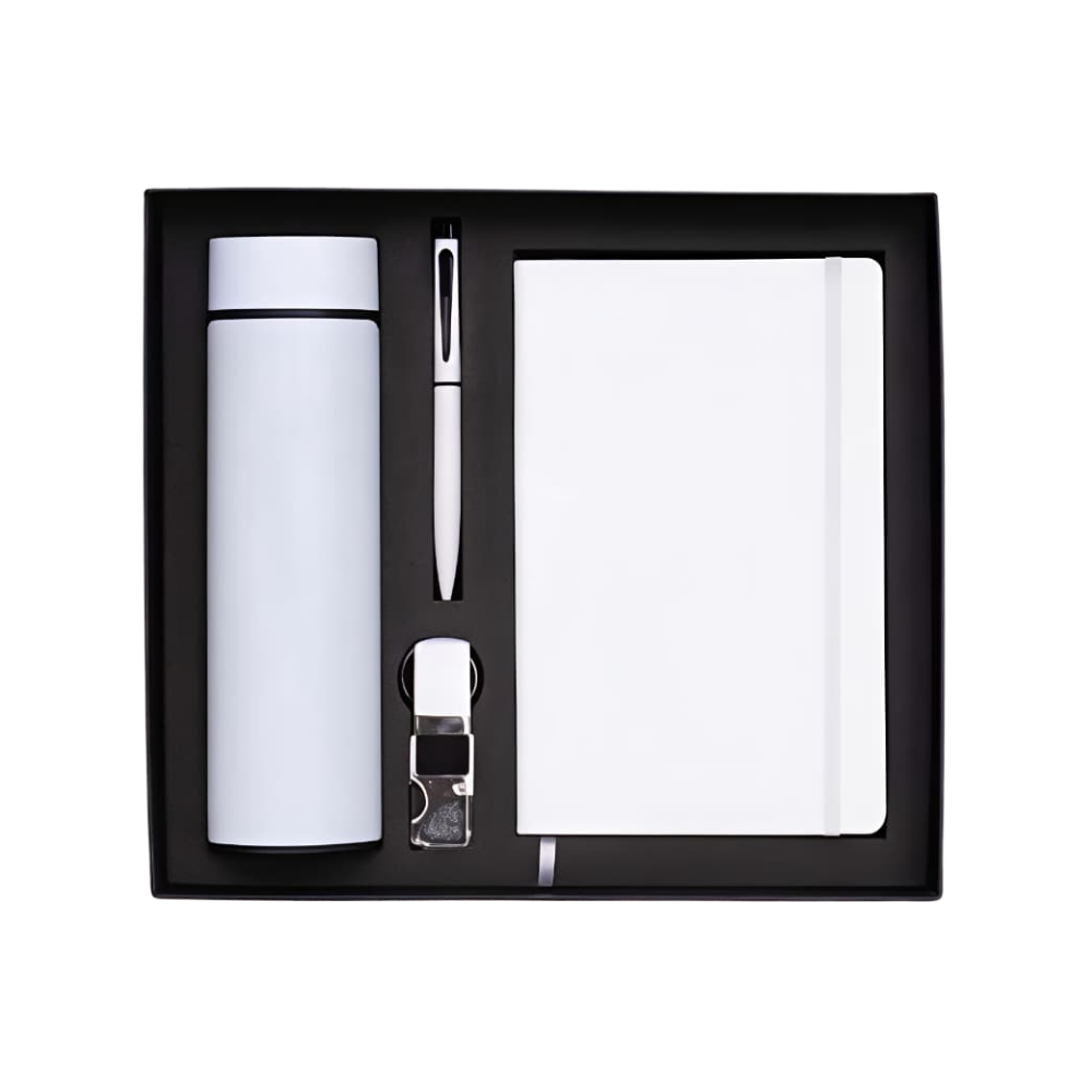 Top-down view of a 4-piece white corporate gift set in a black presentation box.