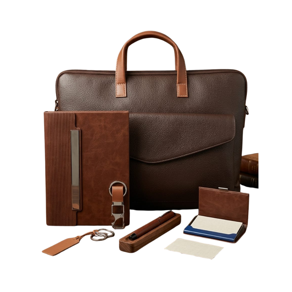 A professional brown leatherette business gift set including a briefcase, notebook, pen, card holder, and keychain on a white background.