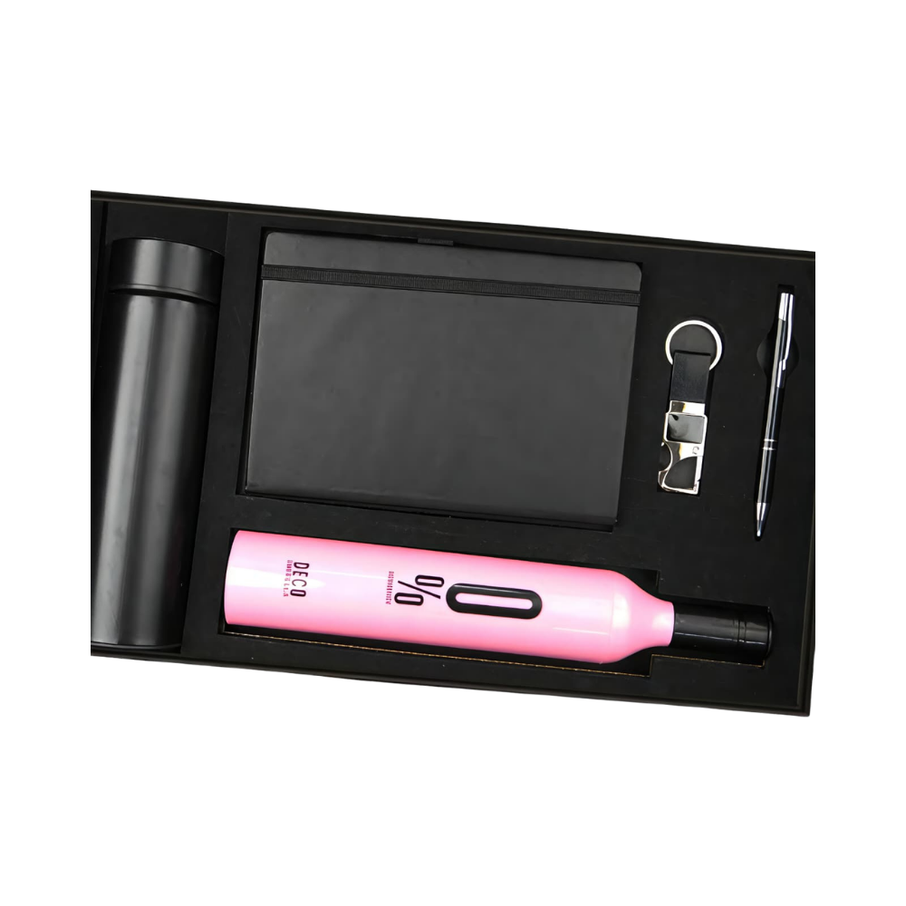 A premium corporate gift set containing a pink vacuum bottle, black notebook, pen, and keychain in a black presentation box.