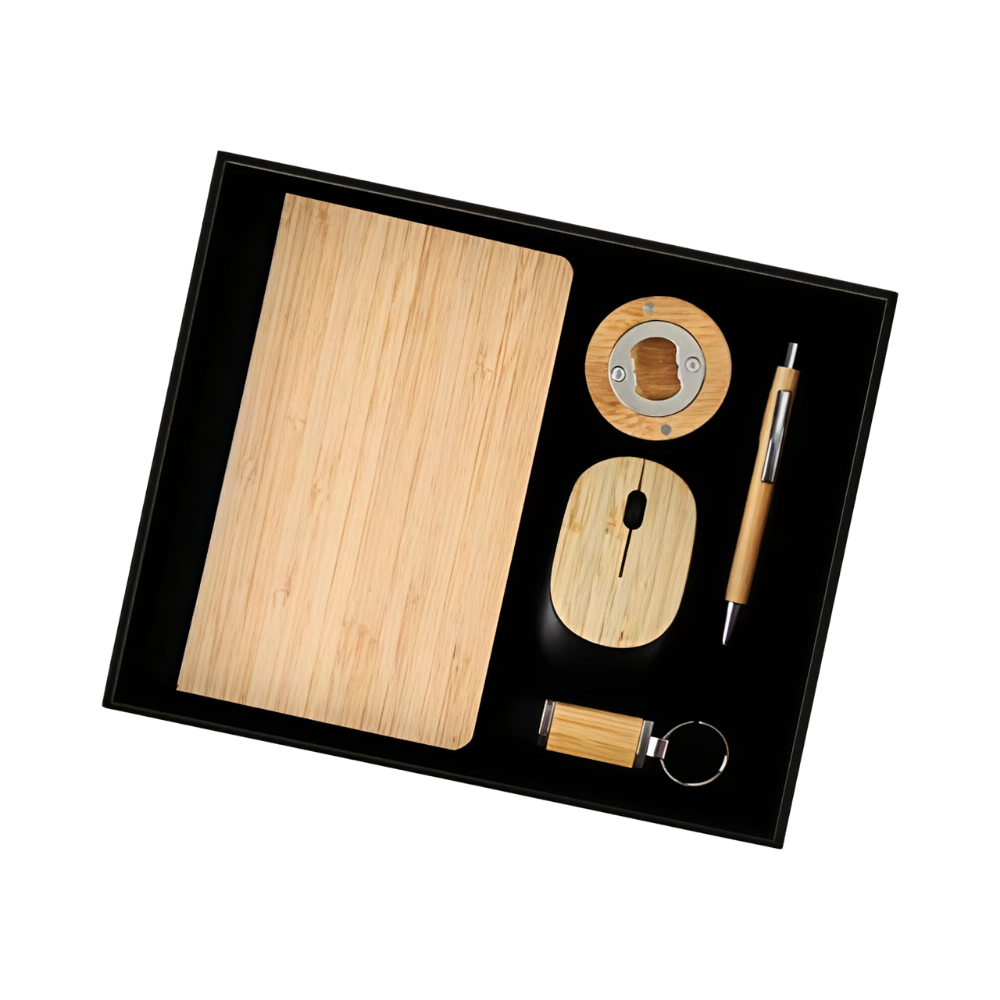 Top-down view of an eco-friendly bamboo office gift set in a black presentation box.