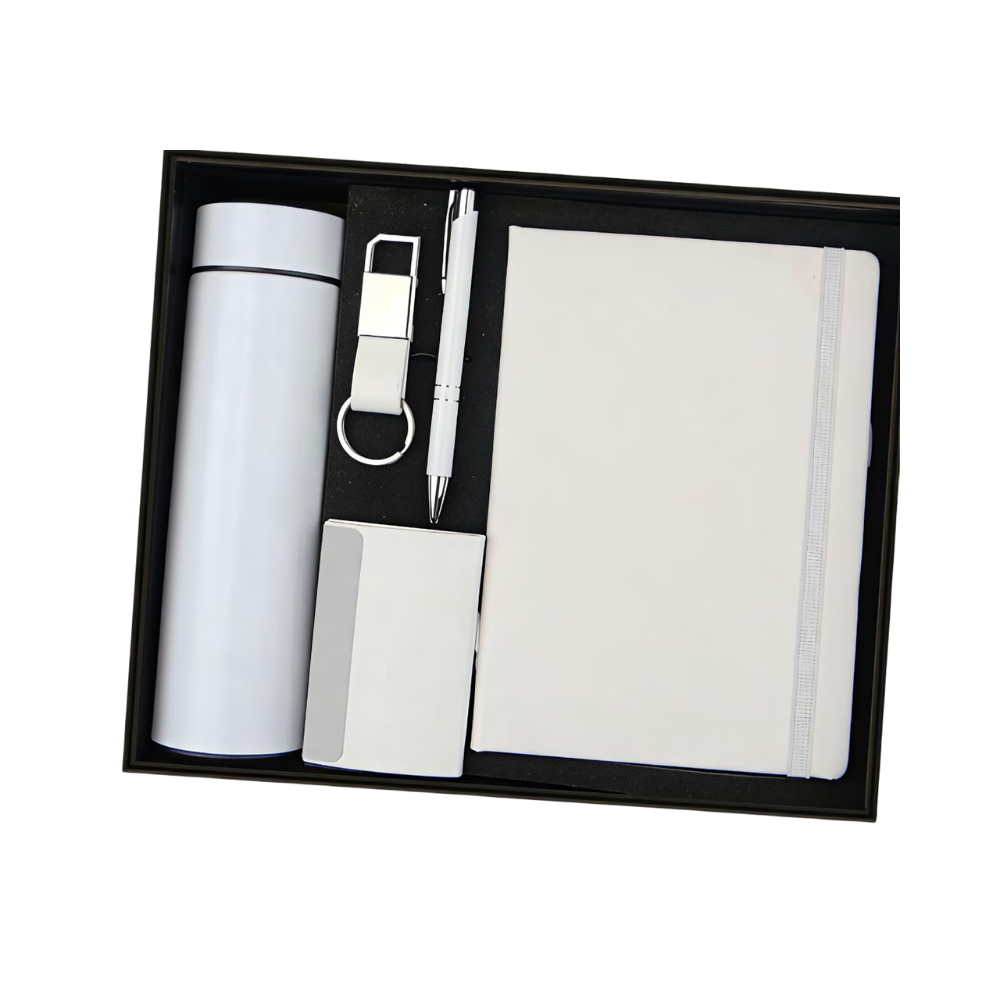 A professional corporate gift set containing a white vacuum bottle, notebook, pen, and card holder inside a black presentation box.