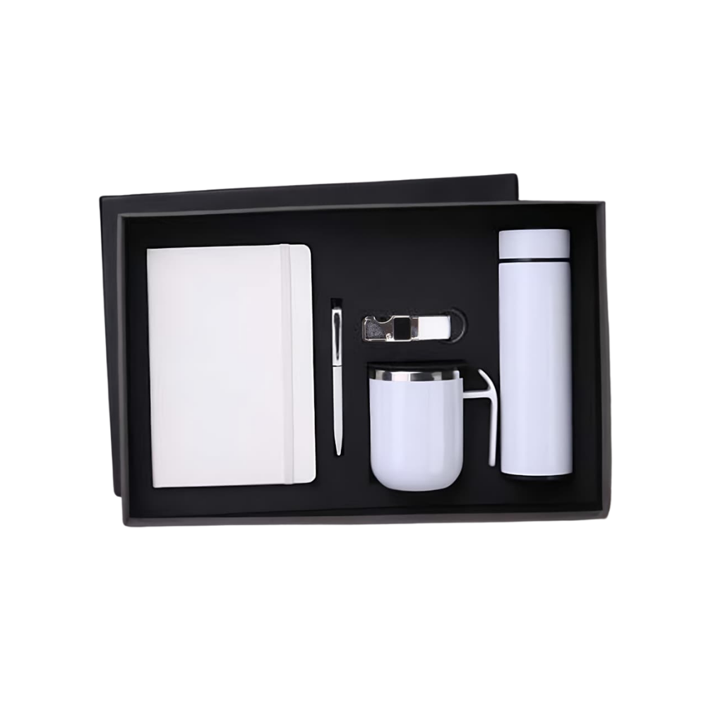 A premium white corporate gift set featuring a notebook, pen, mug, and vacuum bottle inside a black presentation box.