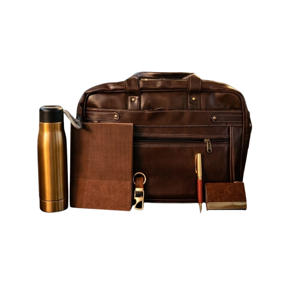 A professional executive gift set including a brown leather briefcase, gold vacuum bottle, notebook, keychain, pen, and card holder.