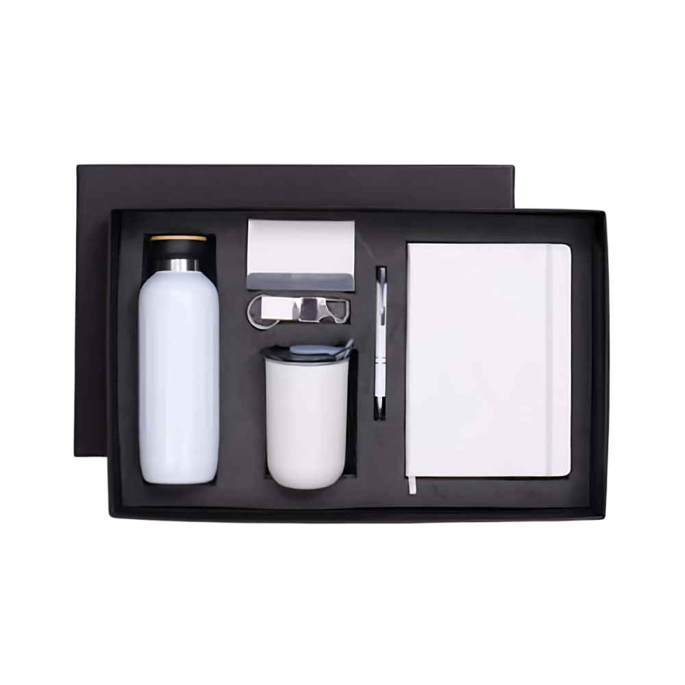 A 4-piece corporate gift set in a black box, containing a white vacuum bottle, white travel mug, white notebook, and a white pen.
