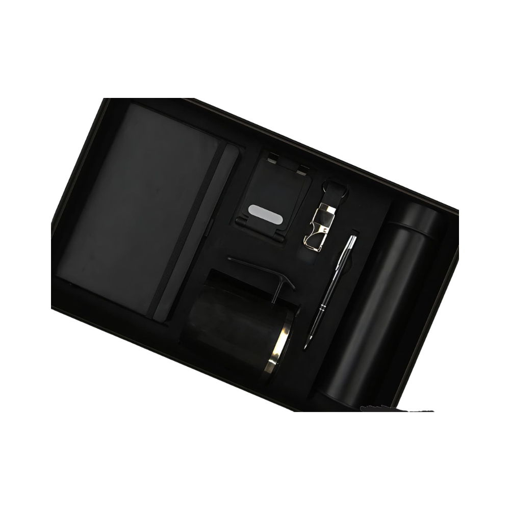 A premium 5-piece matte black corporate gift set in a presentation box.