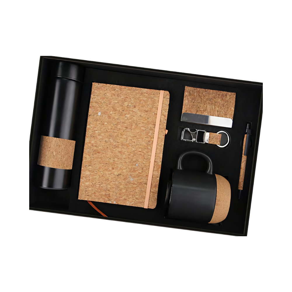 A premium corporate gift set containing a black vacuum bottle, cork notebook, mug, pen, and keychain inside a black presentation box.