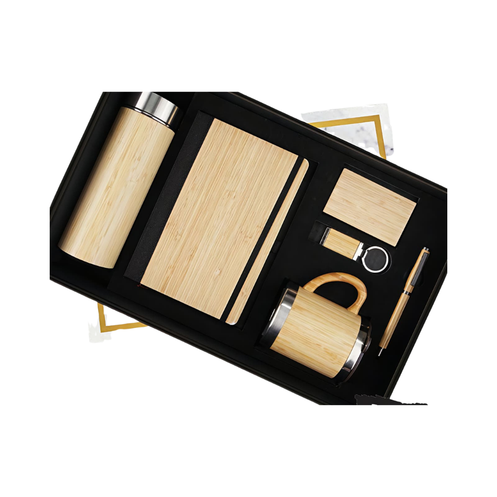 A premium corporate gift set featuring bamboo office accessories in a black presentation box.