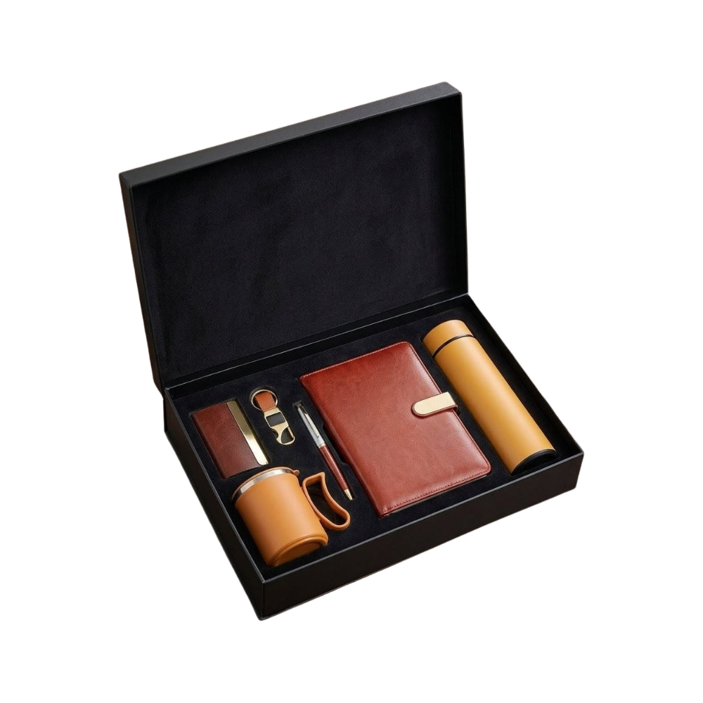 Executive 5-piece corporate gift set featuring a brown notebook, vacuum bottle, mug, pen, and keychain in a black gift box.