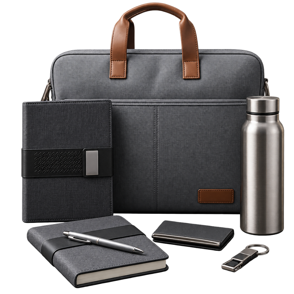 A professional 5-piece corporate gift set featuring a grey laptop briefcase, two notebooks, a stainless steel water bottle, and a keychain.