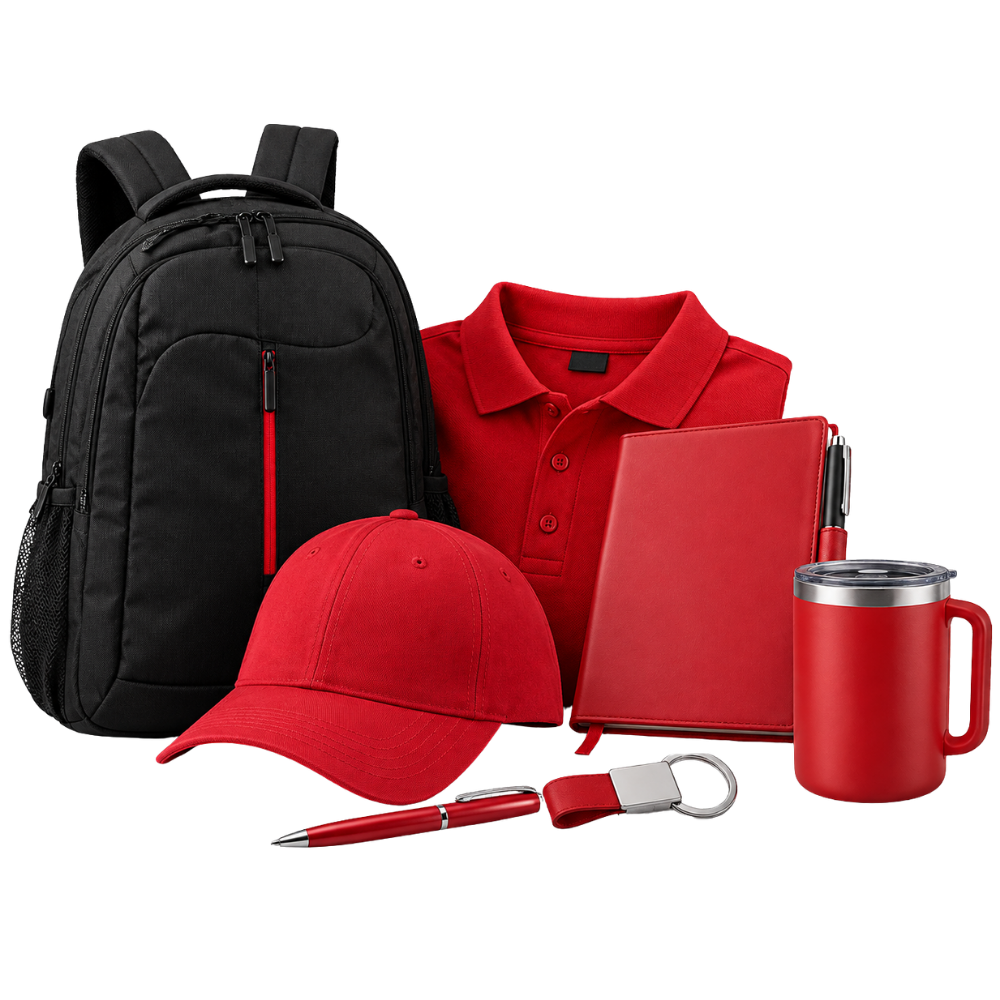 A professional corporate gift set featuring a black laptop backpack, red polo shirt, red notebook, red mug, red pen, and red keychain.
