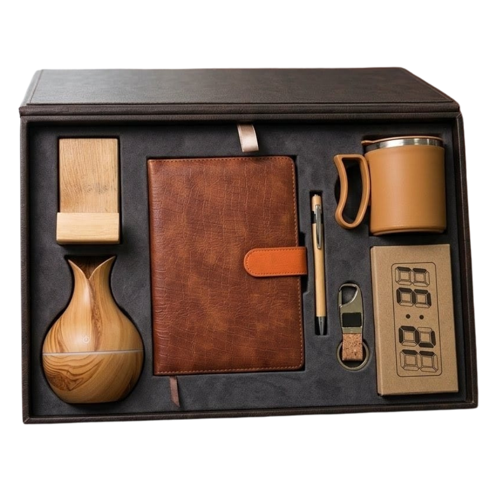A premium executive gift set in a dark brown box containing a notebook, mug, aroma diffuser, phone stand, clock, and keychain.