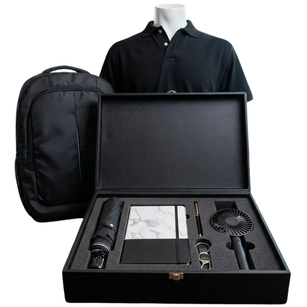 Corporate gift set including a black backpack, polo shirt, and a presentation box with office accessories.