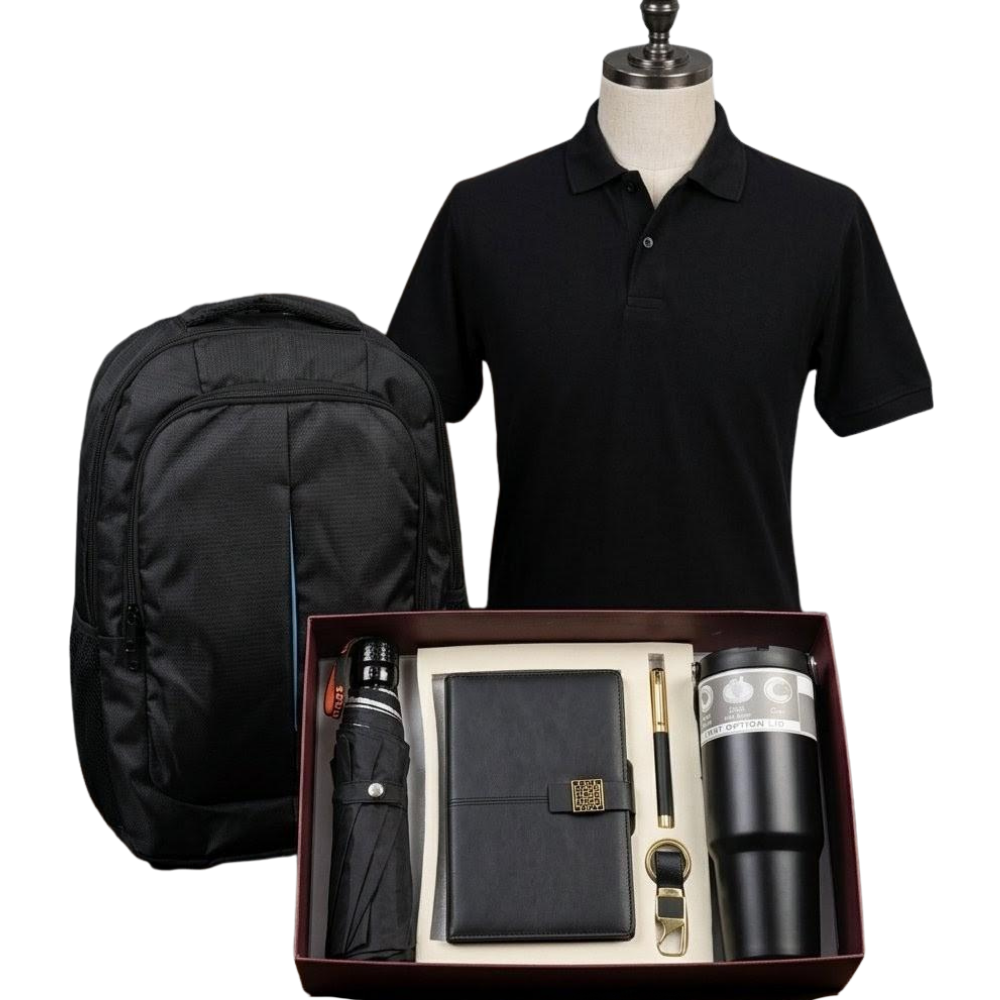 Executive corporate gift set including a black polo, backpack, and boxed office accessories.
