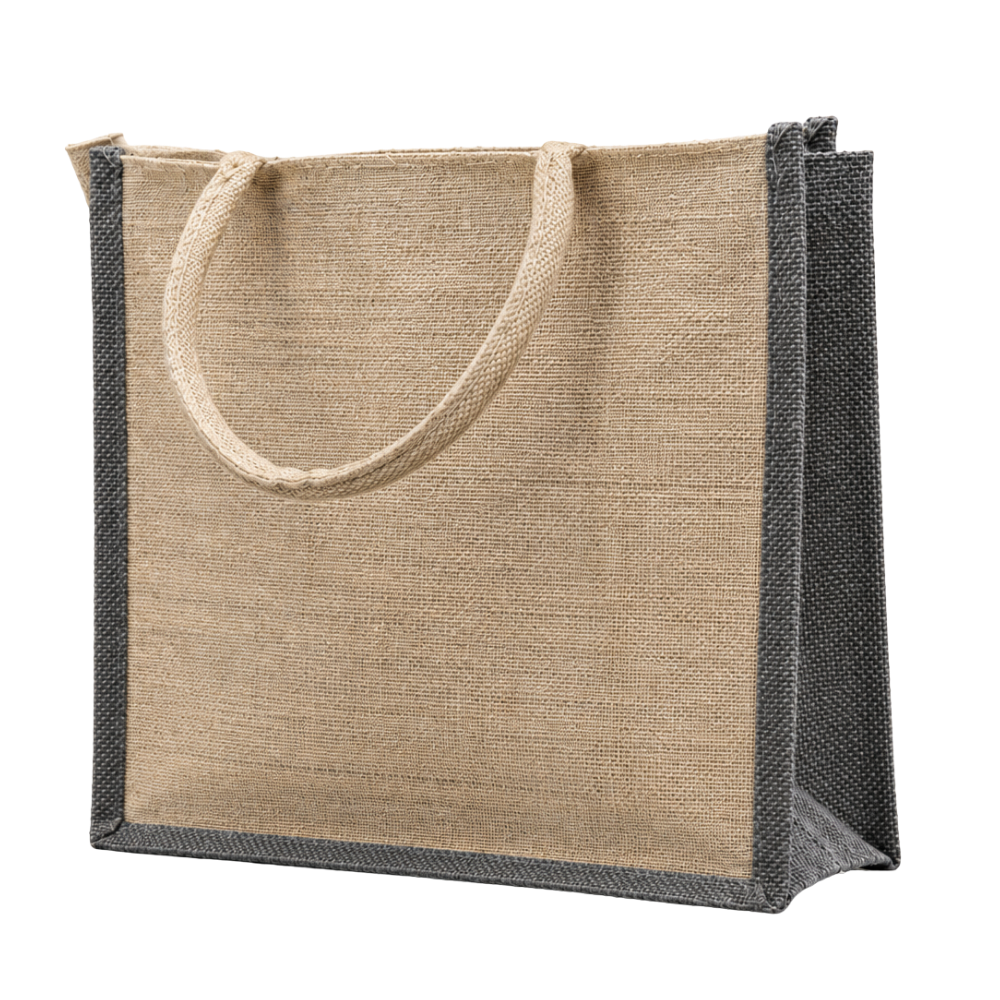 A natural tan jute tote bag with dark grey side panels and braided handles on a white background.
