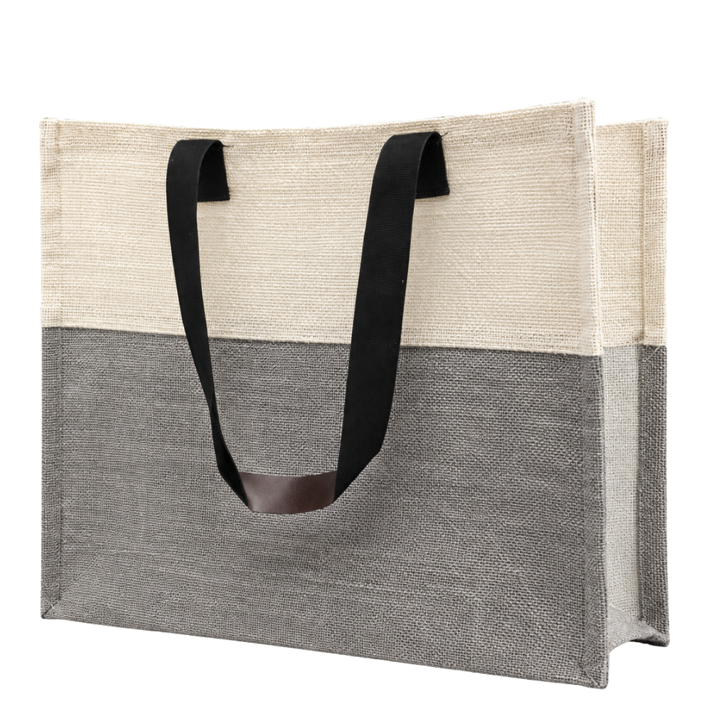 A two-tone jute tote bag with a beige top and grey bottom, featuring black handles, isolated on a white background.