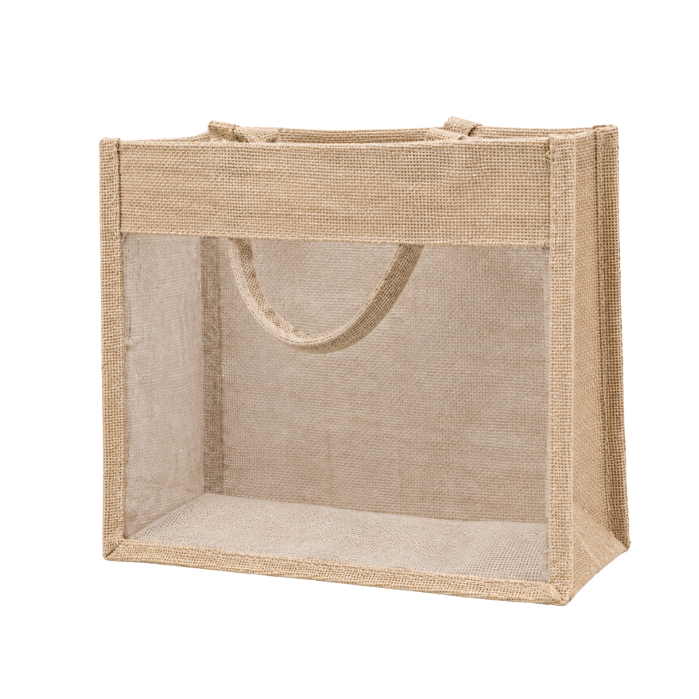 A rectangular jute tote bag with a large clear plastic window on the front, isolated on a white background.