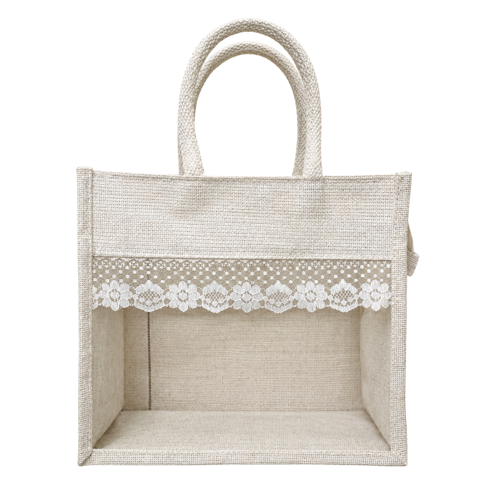 A rustic beige jute tote bag with two handles and a decorative white floral lace trim across the front.