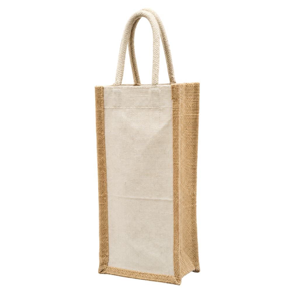 A vertical eco-friendly wine bottle bag made of tan jute with a cream canvas center panel and braided rope handles.
