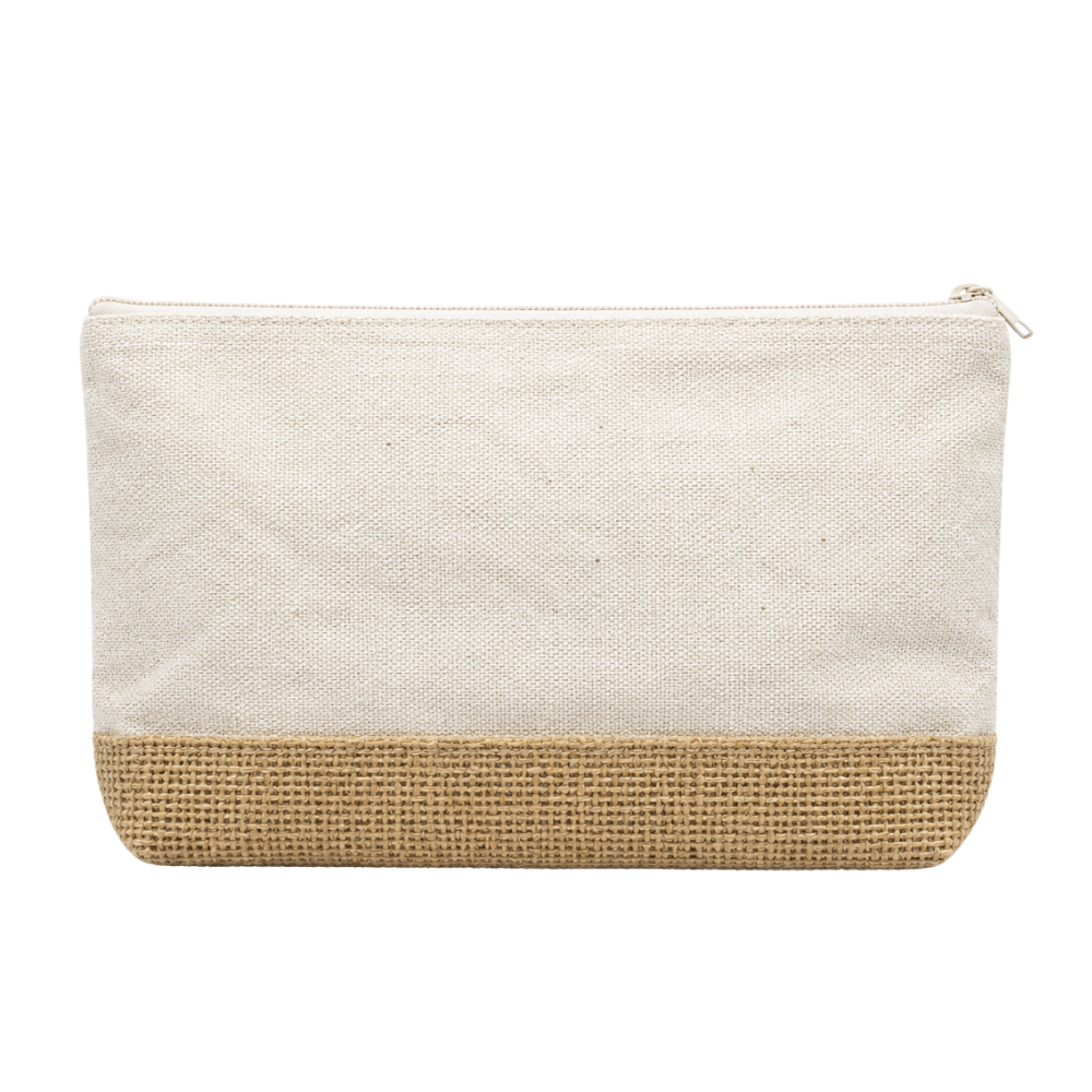 A blank, rectangular zipper pouch with a beige canvas top and a textured jute bottom, isolated on a white background.