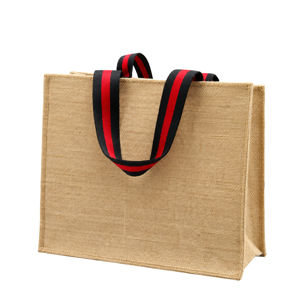 A natural tan jute tote bag with black and red striped handles isolated on a white background.