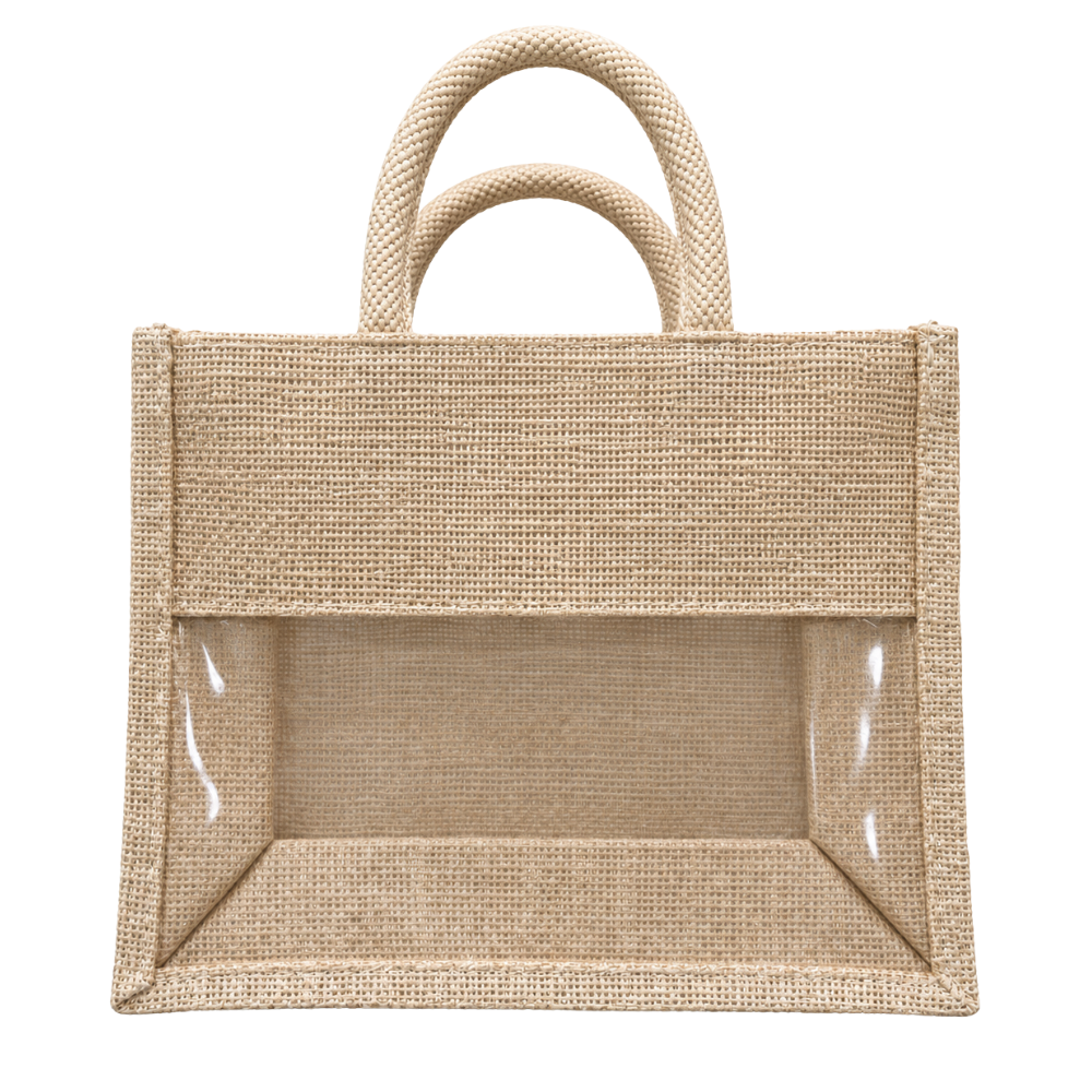 A natural jute tote bag with a large clear rectangular PVC window and two woven handles, isolated on a white background.