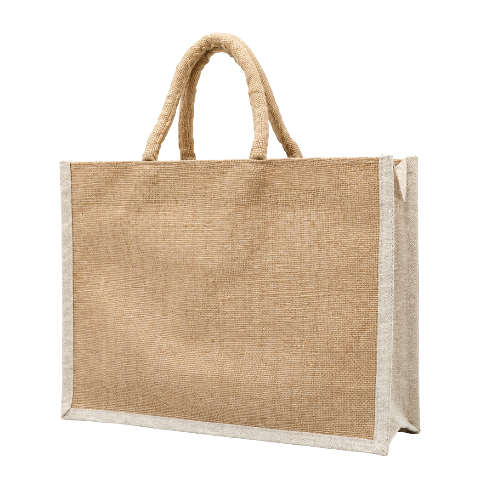 A natural jute tote bag with cream-colored trim and handles, isolated on a white background.