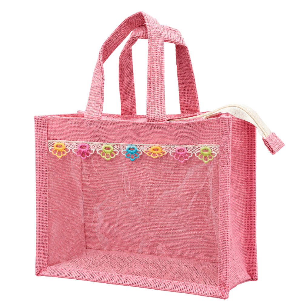 A rose pink jute tote bag with two handles, a floral lace trim, and a top zipper, isolated on a white background.
