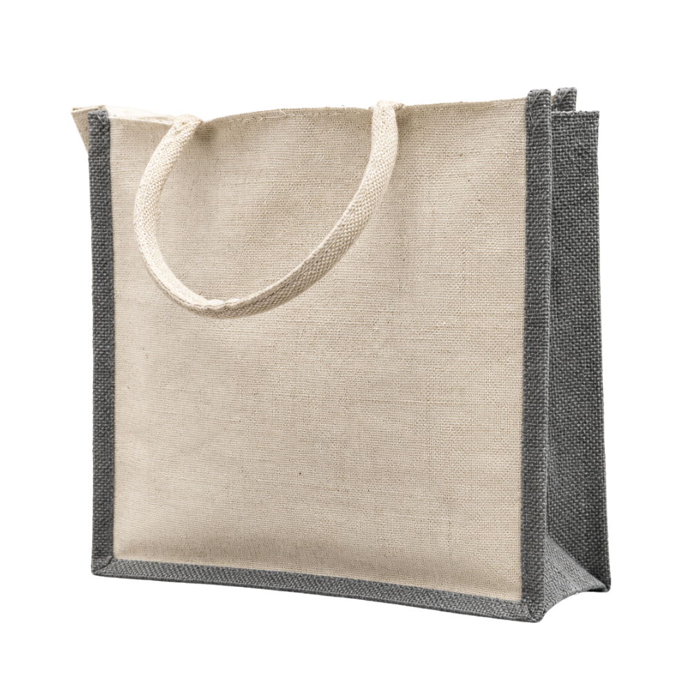 A natural beige jute tote bag with dark grey side panels and twisted rope handles, isolated on a white background.