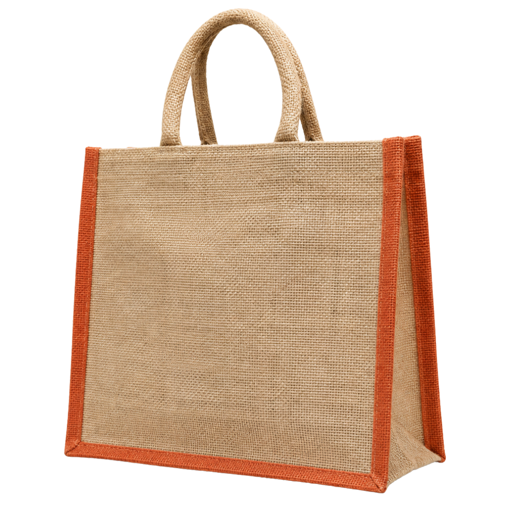 A natural tan jute tote bag with orange fabric trim and handles, isolated on a white background.