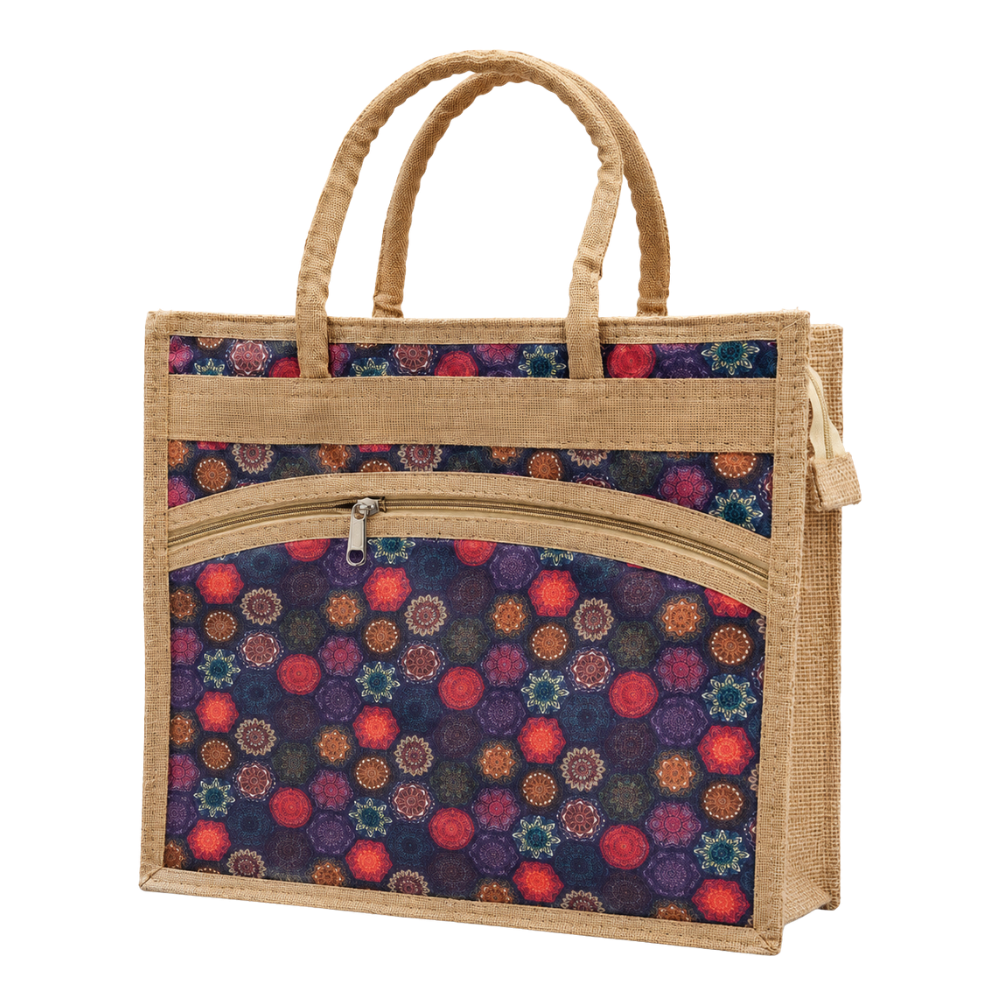 A tan jute tote bag with a patterned front pocket and top handles, isolated on a white background.