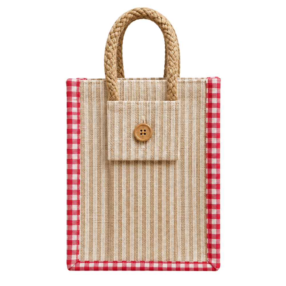 A rustic jute tote bag with vertical stripes, red gingham trim, and a front pocket with a wooden button, isolated on a white background.