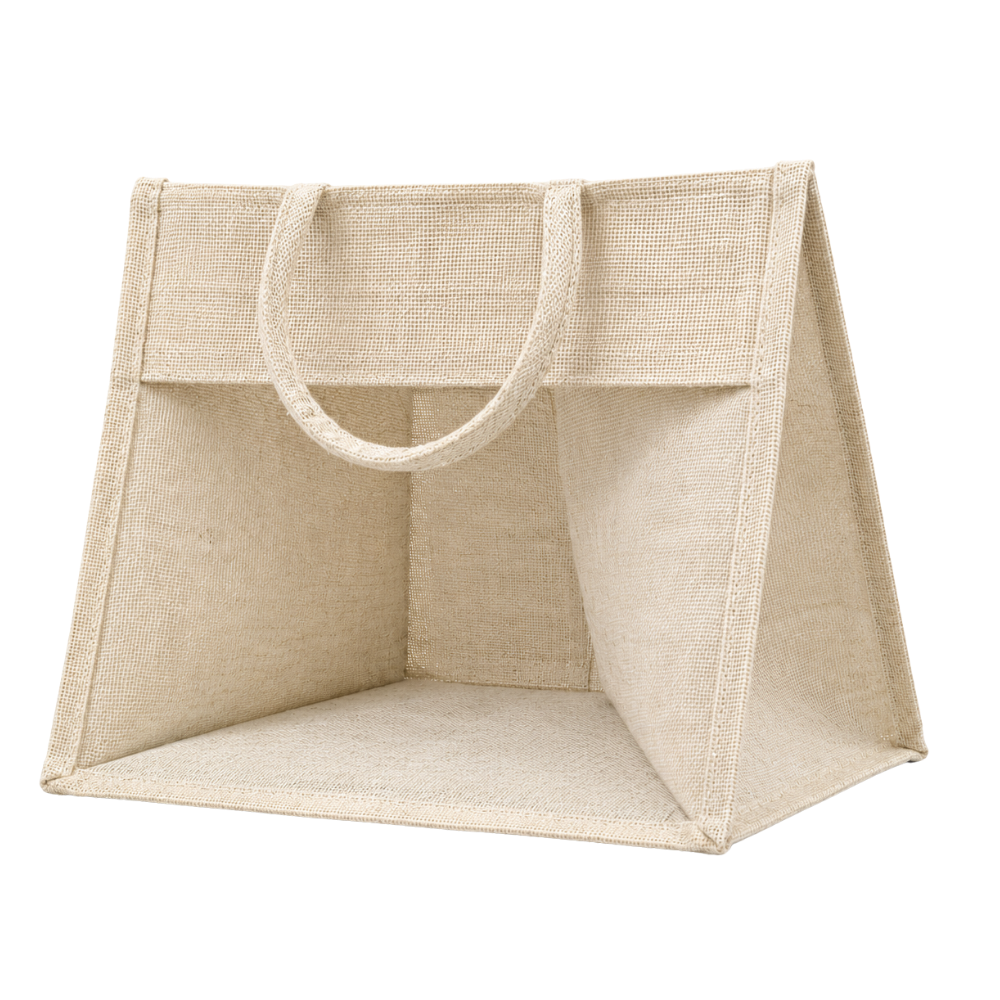A beige, woven jute tote bag with open top and two handles, isolated on a white background.
