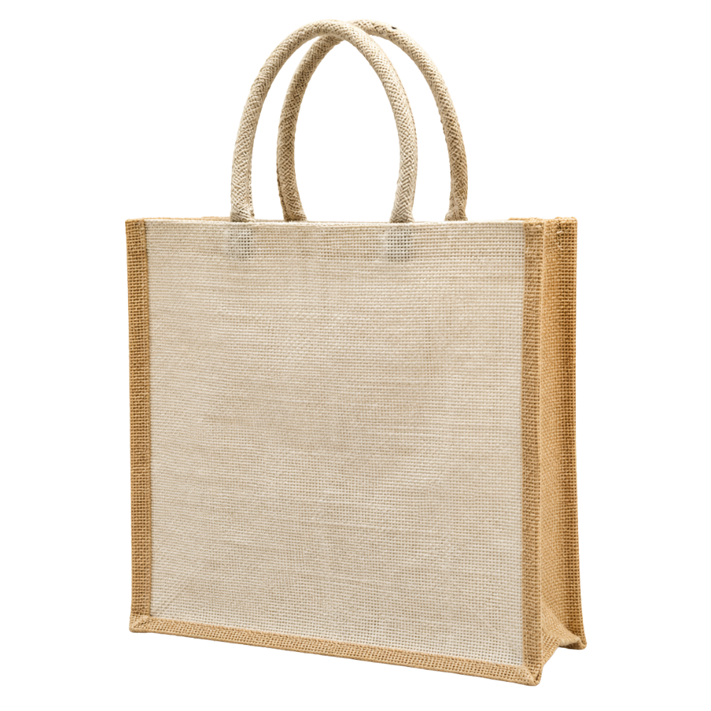 A natural jute tote bag with cream body, tan side panels, and braided rope handles isolated on a white background.