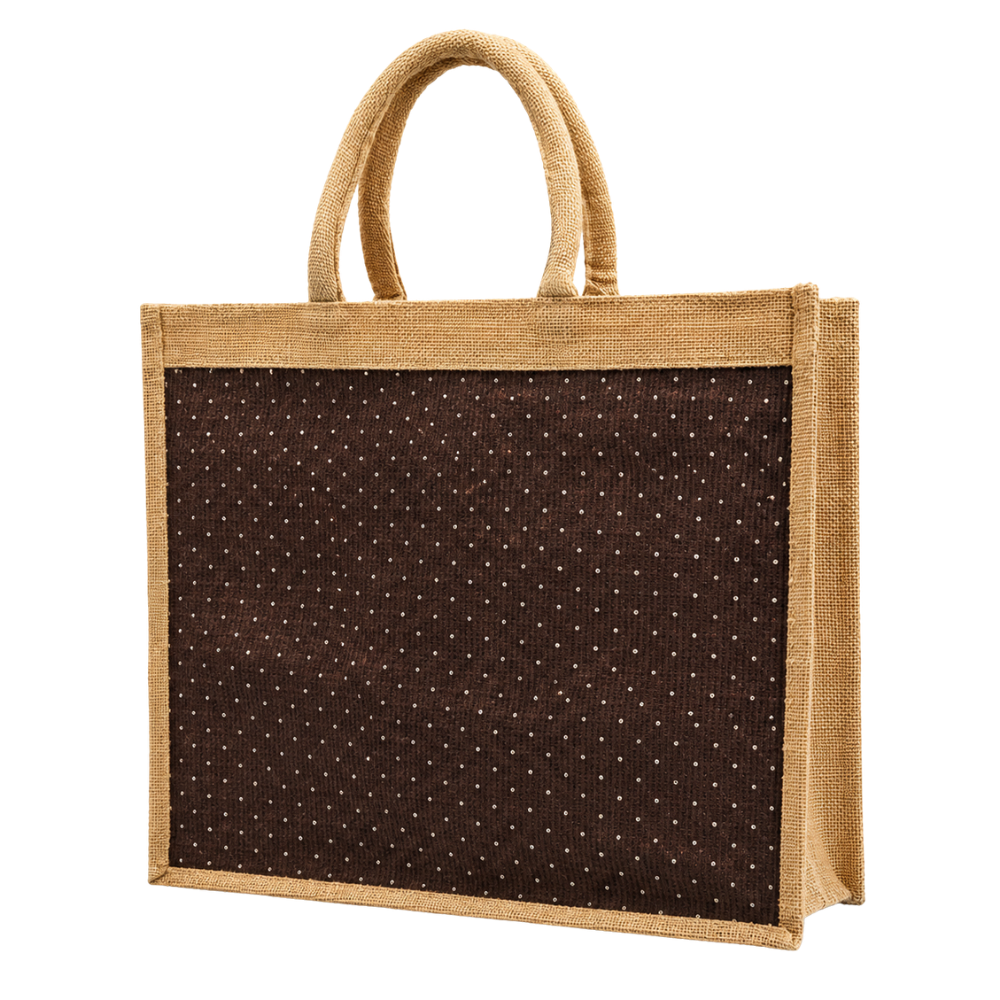 A natural jute tote bag with a dark brown front panel featuring a white polka dot pattern.
