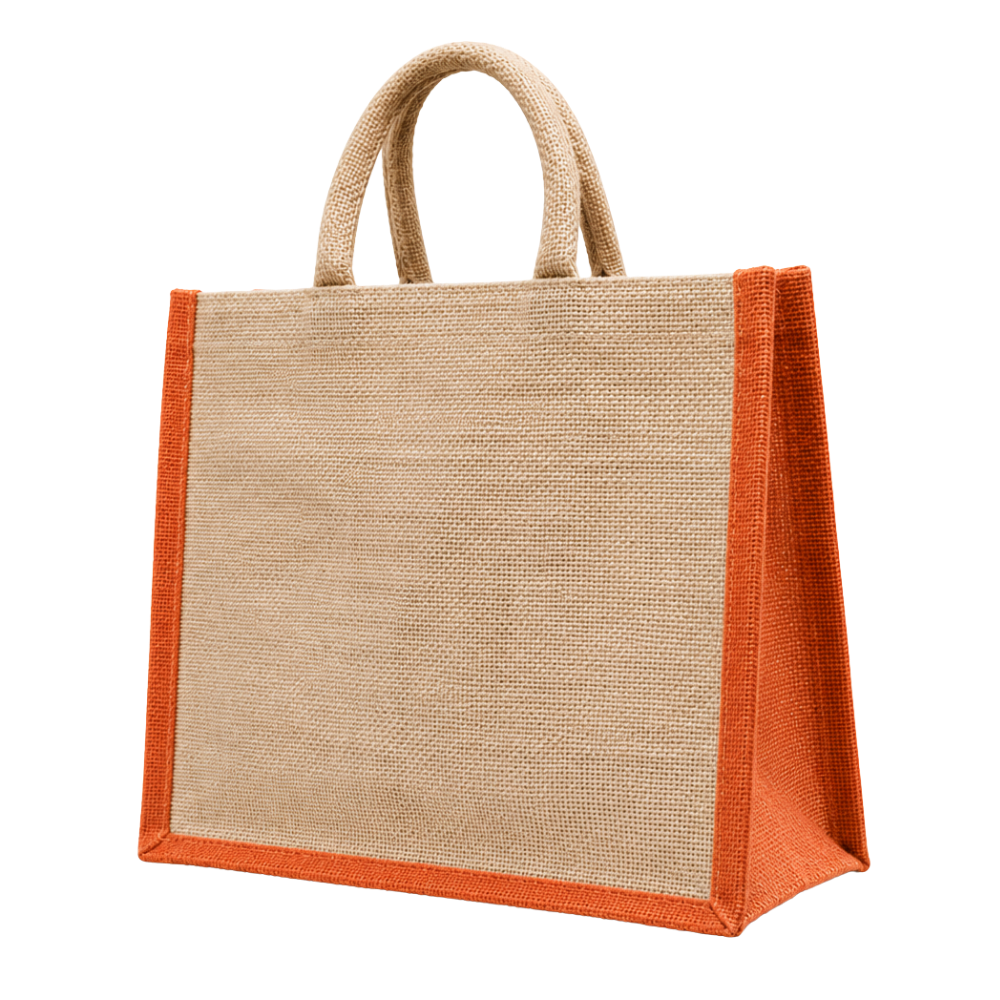 A natural jute tote bag with orange fabric trim and handles, isolated on a white background.