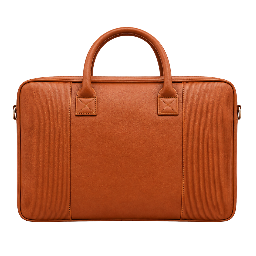Front view of a professional tan faux leather laptop briefcase with ribbed side panels.