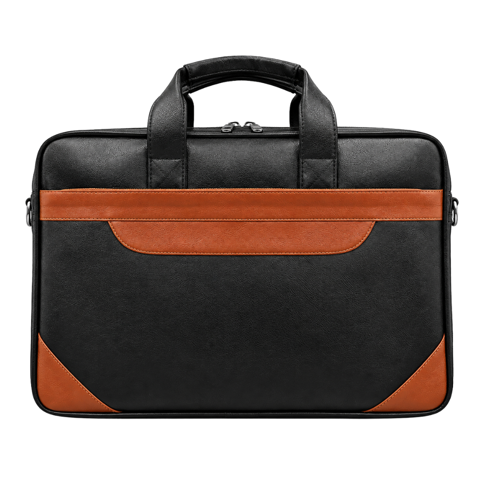 Front view of a black and tan faux leather laptop briefcase with top handle.