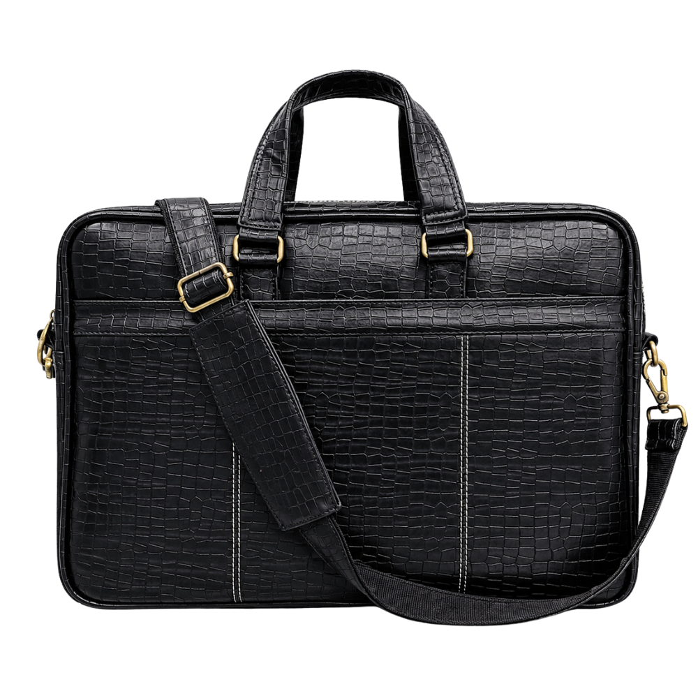 Black crocodile-embossed faux leather laptop briefcase with gold-tone hardware and white contrast stitching.
