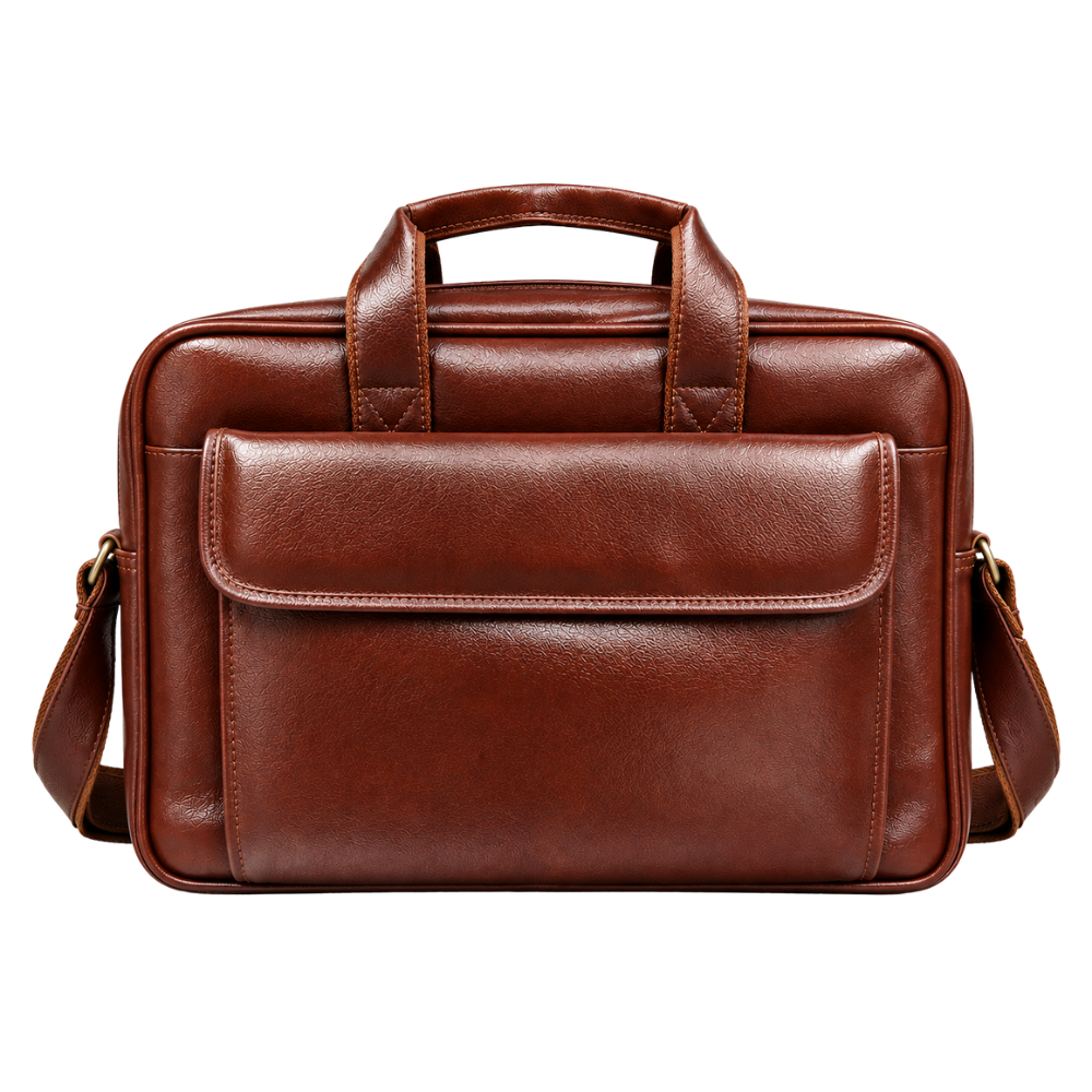A professional brown faux leather laptop briefcase with a front flap pocket and top handles, isolated on a white background.