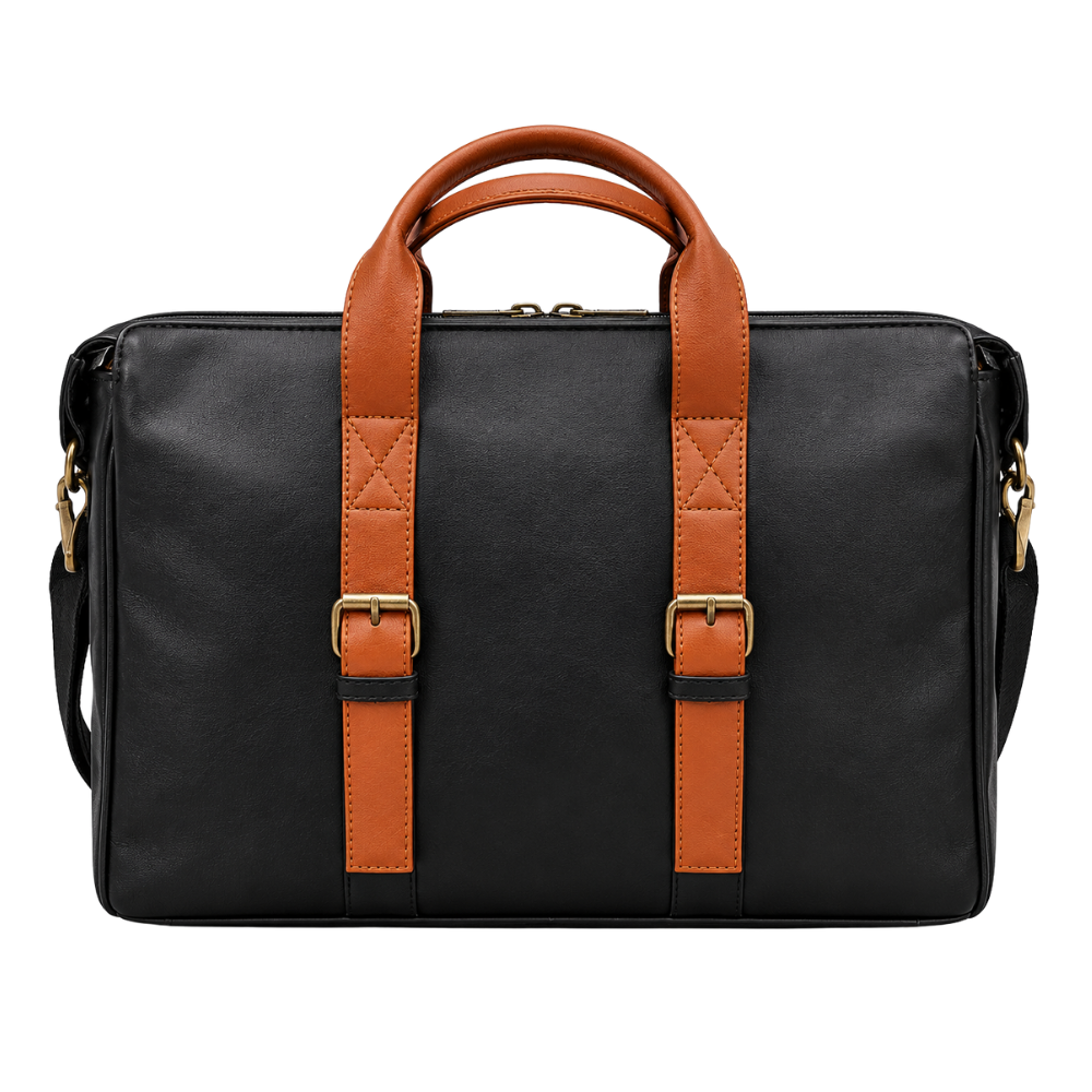 Professional black faux leather laptop briefcase with tan handles and brass buckle details.