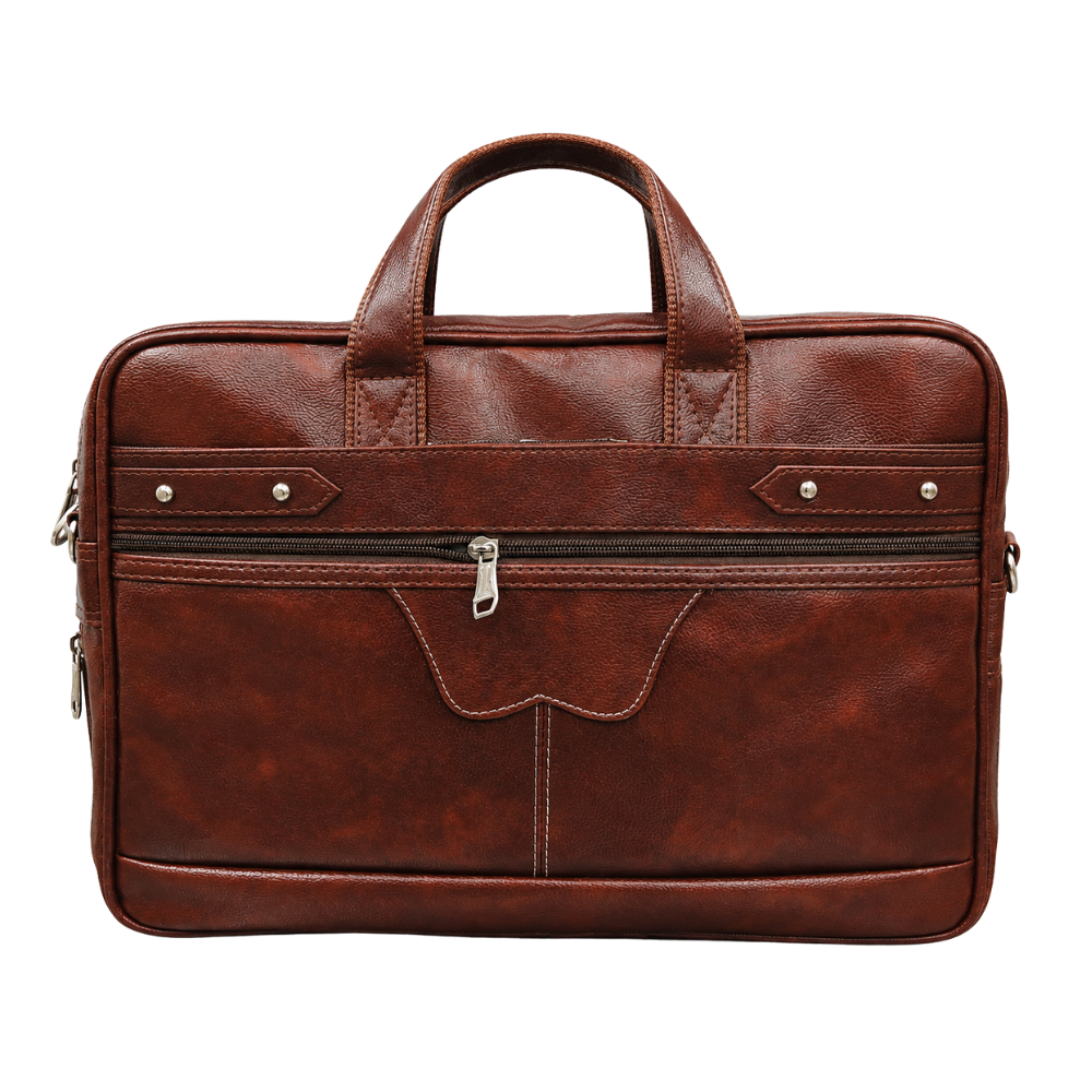 Front view of a brown faux leather executive briefcase with top handles and zippered front pocket.