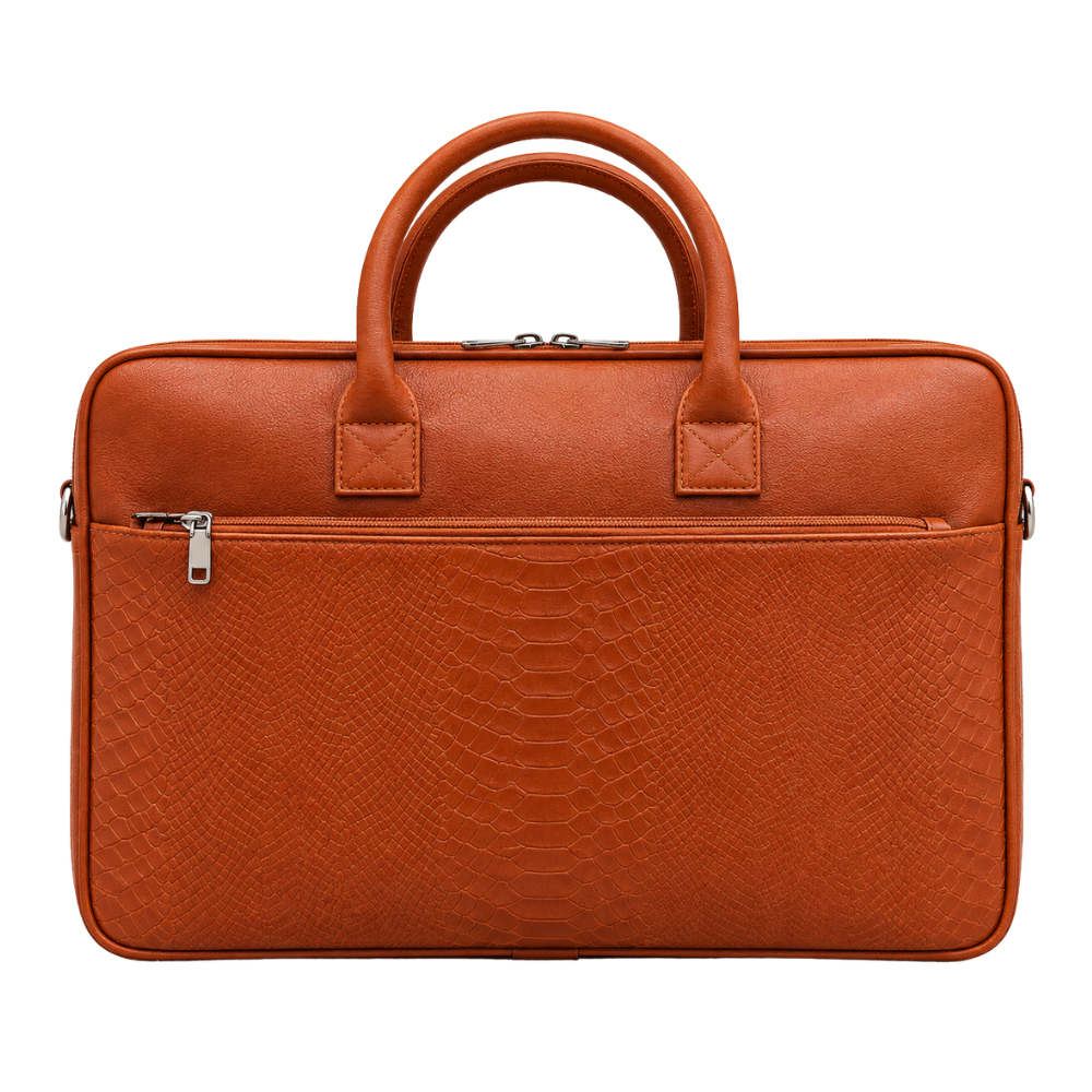 A rust-colored, reptile-textured faux leather laptop briefcase with silver hardware on a white background.
