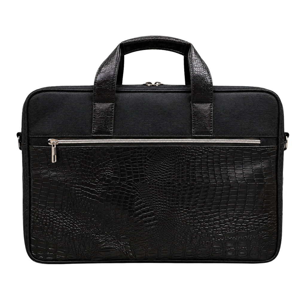 A black executive laptop briefcase with a crocodile-embossed lower panel and fabric upper panel, isolated on a white background.