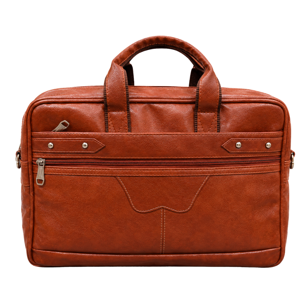 A front-facing view of a burgundy faux leather executive briefcase with metal hardware and dual handles.