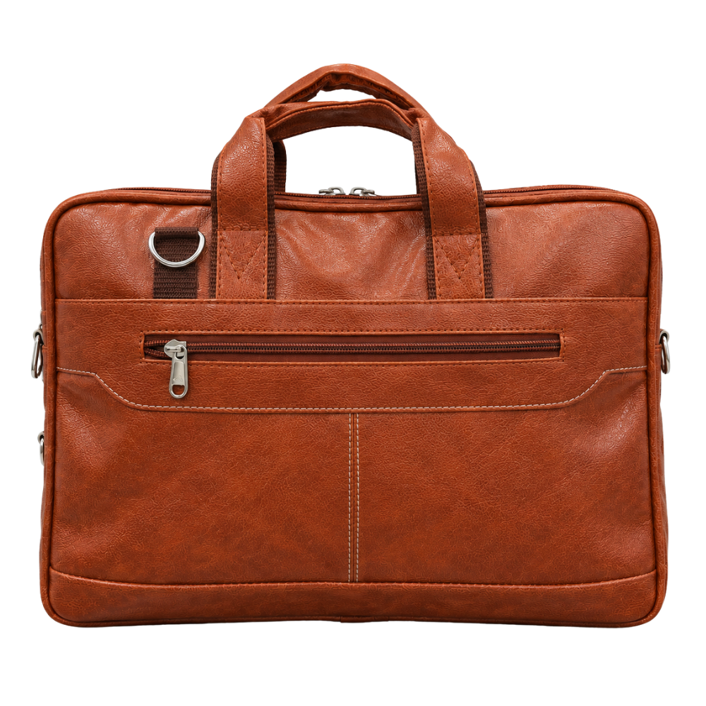 A professional brown faux leather laptop briefcase with dual handles and a front zipper pocket isolated on a white background.
