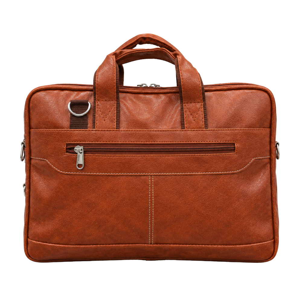 Front view of a professional brown faux leather laptop briefcase with top handles and a front zippered pocket.