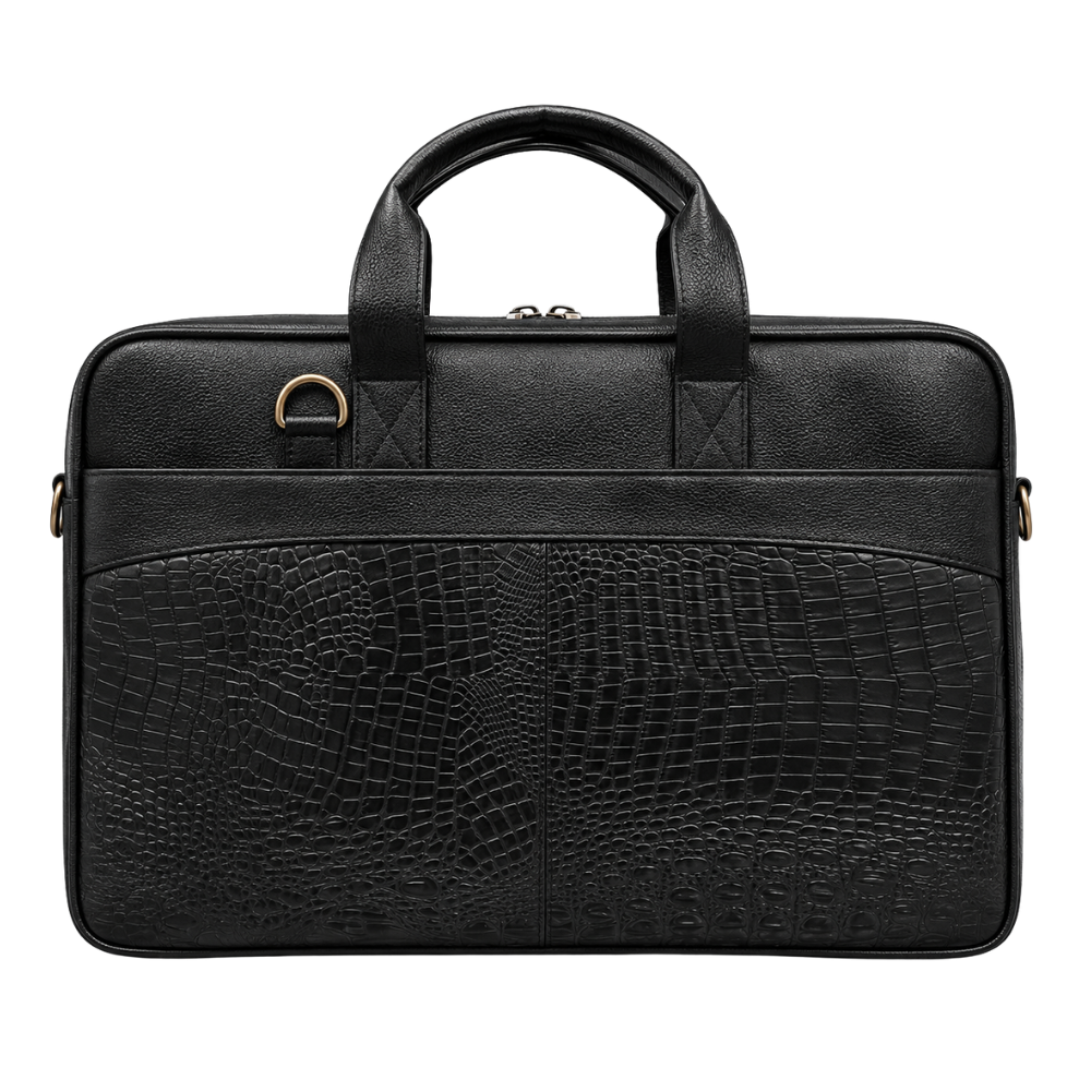 A black professional laptop briefcase with a crocodile-embossed lower panel and gold-toned hardware.