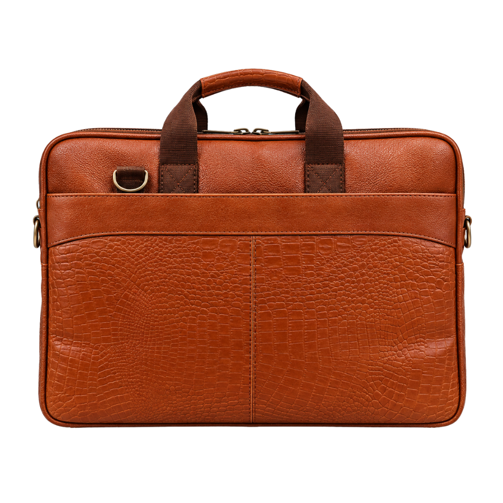 Front view of a brown crocodile-embossed executive laptop briefcase with webbing handles.