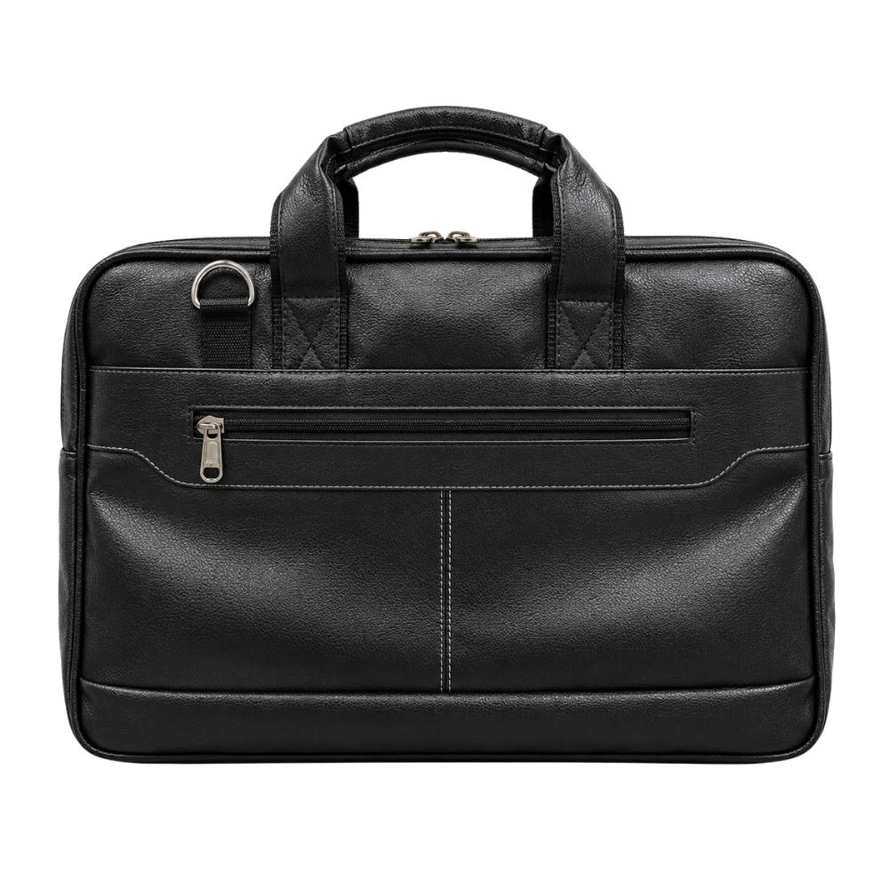 A professional black leatherette laptop briefcase with top handles and a front zippered pocket on a white background.